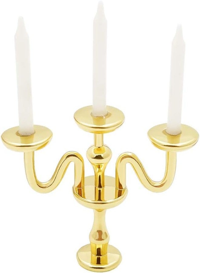 Jizlan Gold 1/12 Miniature Candlestick Candelabra with Candles Dollhouse Accessories, 3-arms - Image 1